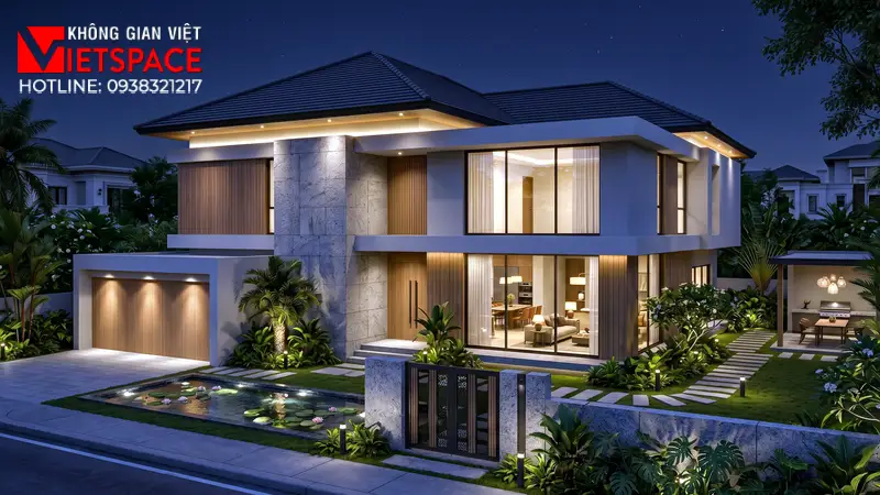 Mẫu Thiết Kế Biệt Thự Vườn 300m2 Không Gian Thoáng Đãng 03 Phối cảnh ban đêm Biệt Thự