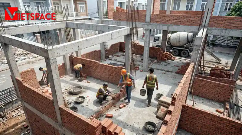 Mẫu Thiết Kế Biệt Thự Vườn 300m2 Không Gian Thoáng Đãng 09 Thi công đổ bê tông móng và xây tường bao cho biệt thự