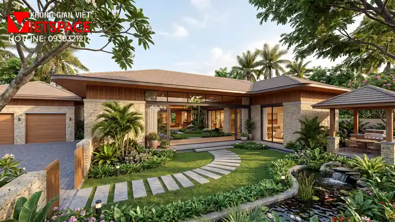Không Gian Biệt Thự Vườn Trệt Ấm Cúng Cho Gia Đình Đa Thế Hệ 01 Phối cảnh 3D ngoại thất ban ngày Biệt Thự
