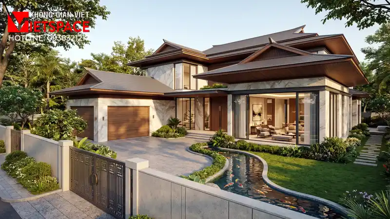 Dự Án Nhà Vườn 500m2 Thiết Kế Chuẩn Phong Thủy Kinh Doanh 01 Phối cảnh 3D ngoại thất ban ngày Biệt Thự