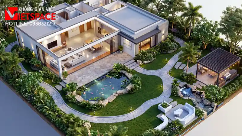 Nghệ Thuật Quy Hoạch Cảnh Quan Sân Vườn Biệt Thự Đẹp Như Mơ 01 Phối cảnh 3D ngoại thất ban ngày Biệt Thự