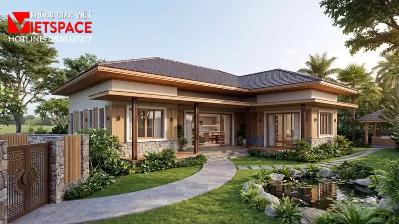 Mẫu Nhà Biệt Thự Vườn Cấp 4 3 Phòng Ngủ Phù Hợp Vùng Quê 01 Phối cảnh 3D ngoại thất ban ngày Biệt Thự