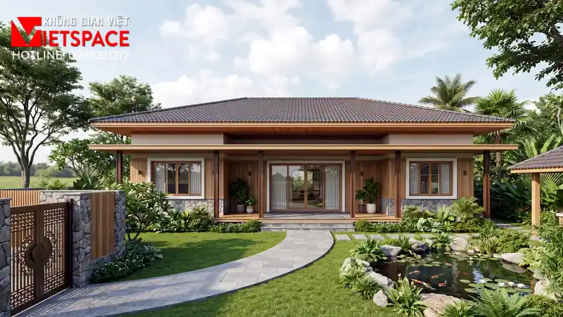 Mẫu Nhà Biệt Thự Vườn Cấp 4 3 Phòng Ngủ Phù Hợp Vùng Quê 01 Phối cảnh 3D ngoại thất ban ngày Biệt Thự