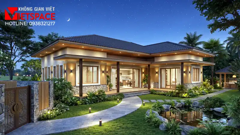 Mẫu Nhà Biệt Thự Vườn Cấp 4 3 Phòng Ngủ Phù Hợp Vùng Quê 03 Phối cảnh ban đêm Biệt Thự