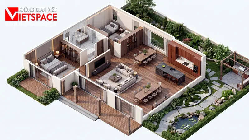 Mẫu Nhà Biệt Thự Vườn Cấp 4 3 Phòng Ngủ Phù Hợp Vùng Quê 05 Bản vẽ 3D Isometric Biệt Thự