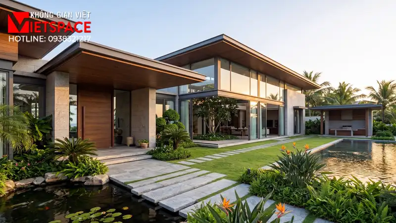Thiết Kế Villa 1 Tầng Hiện Đại Chạm Gần Đến Thiên Nhiên 01 Phối cảnh 3D ngoại thất ban ngày Biệt Thự