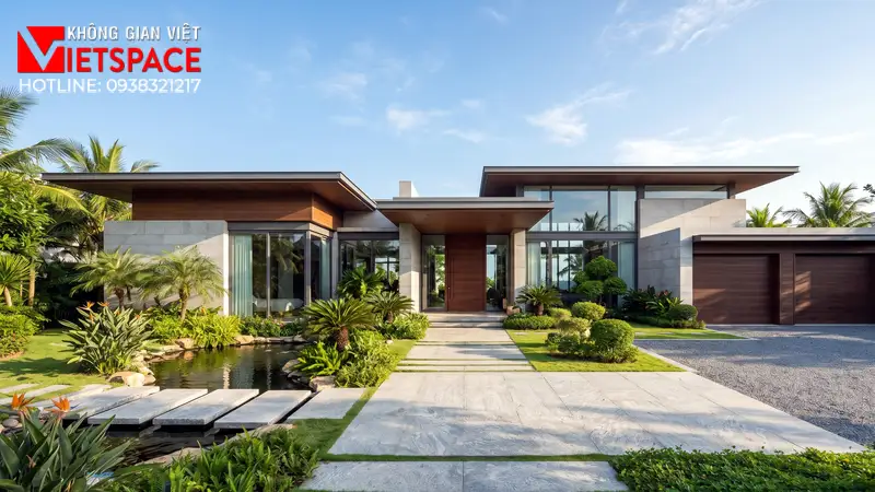 Thiết Kế Villa 1 Tầng Hiện Đại Chạm Gần Đến Thiên Nhiên 01 Phối cảnh 3D ngoại thất ban ngày Biệt Thự
