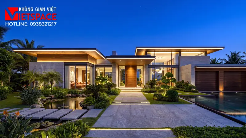 Thiết Kế Villa 1 Tầng Hiện Đại Chạm Gần Đến Thiên Nhiên 03 Phối cảnh ban đêm Biệt Thự