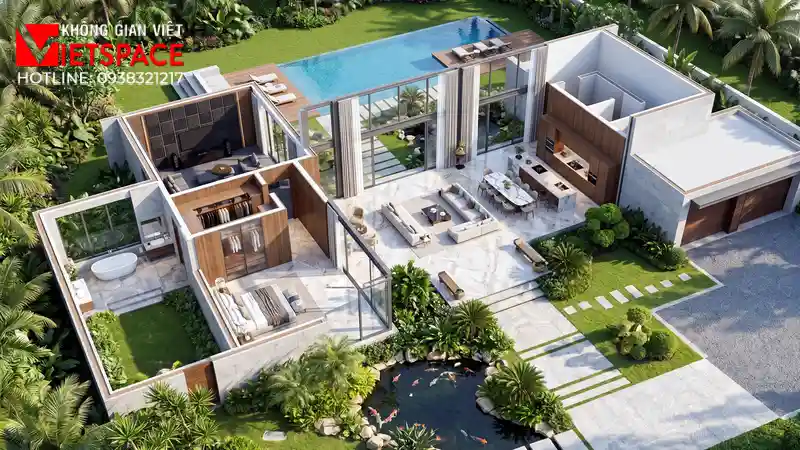 Thiết Kế Villa 1 Tầng Hiện Đại Chạm Gần Đến Thiên Nhiên 05 Bản vẽ 3D Isometric Biệt Thự