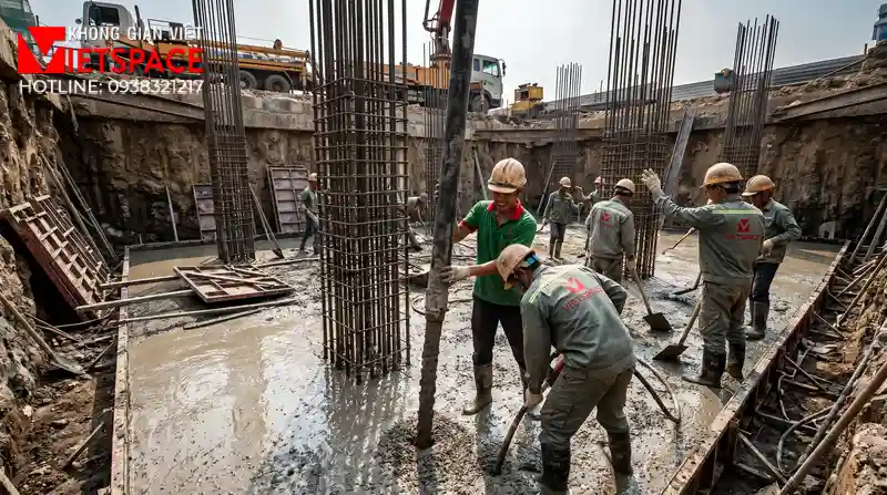 Thiết Kế Villa 1 Tầng Hiện Đại Chạm Gần Đến Thiên Nhiên 09 Thi công đổ bê tông móng và xây tường bao cho biệt thự
