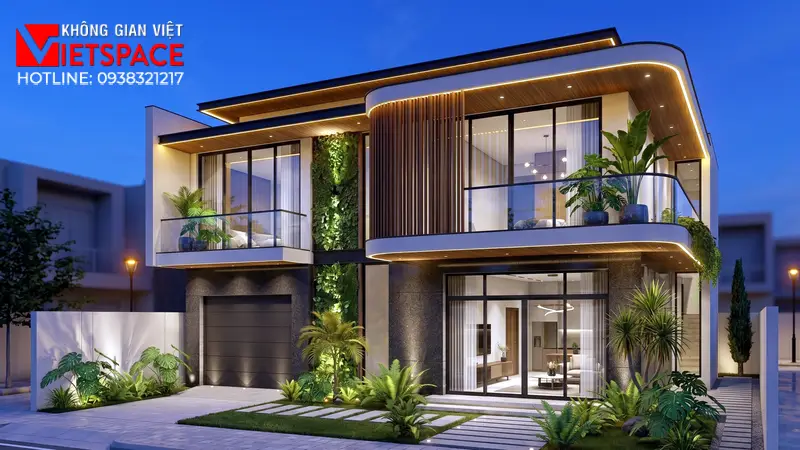 Mẫu Biệt Thự Mini 2 Tầng 80m2 Đầy Đủ Tiện Nghi Tại TPHCM 03 Phối cảnh ban đêm Biệt Thự