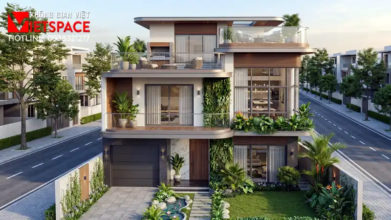 Bản Vẽ Thiết Kế Biệt Thự Mini 100m2 Cực Kỳ Thoáng Đãng 01 Phối cảnh 3D ngoại thất ban ngày Biệt Thự