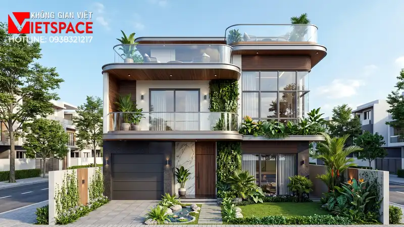 Bản Vẽ Thiết Kế Biệt Thự Mini 100m2 Cực Kỳ Thoáng Đãng 01 Phối cảnh 3D ngoại thất ban ngày Biệt Thự
