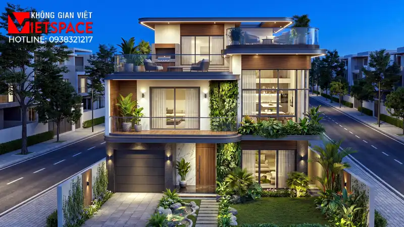 Bản Vẽ Thiết Kế Biệt Thự Mini 100m2 Cực Kỳ Thoáng Đãng 03 Phối cảnh ban đêm Biệt Thự