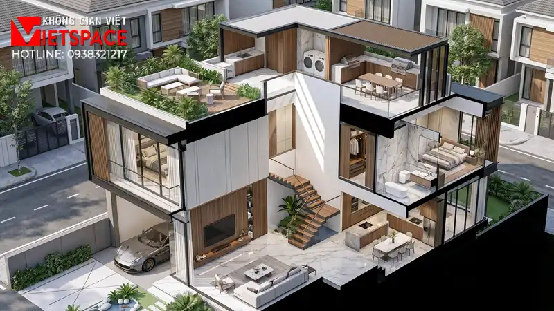Bản Vẽ Thiết Kế Biệt Thự Mini 100m2 Cực Kỳ Thoáng Đãng 05 Bản vẽ 3D Isometric Biệt Thự