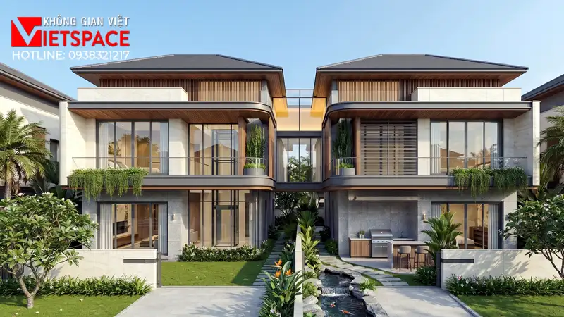 Mẫu Biệt Thự Song Lập Tinh Tế Tôn Vinh Đẳng Cấp Gia Chủ 01 Phối cảnh 3D ngoại thất ban ngày Biệt Thự