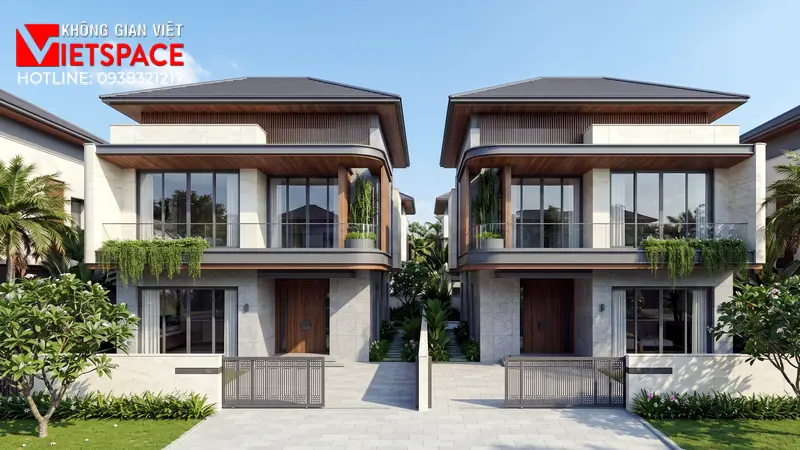 Mẫu Biệt Thự Song Lập Tinh Tế Tôn Vinh Đẳng Cấp Gia Chủ 01 Phối cảnh 3D ngoại thất ban ngày Biệt Thự