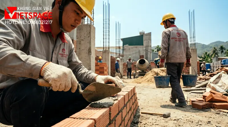 Biệt Thự Phố Tân Cổ Điển Vẻ Đẹp Kiêu Sa Giữa Lòng Đô Thị 09 Thi công đổ bê tông móng và xây tường bao cho biệt thự