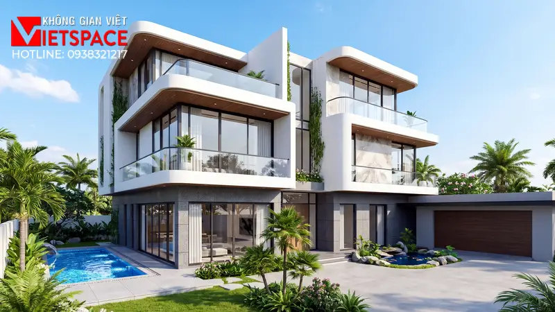 Tích Hợp Tiện Ích Với Mẫu Biệt Thự Mini Có Hồ Bơi Gia Đình 01 Phối cảnh 3D ngoại thất ban ngày Biệt Thự