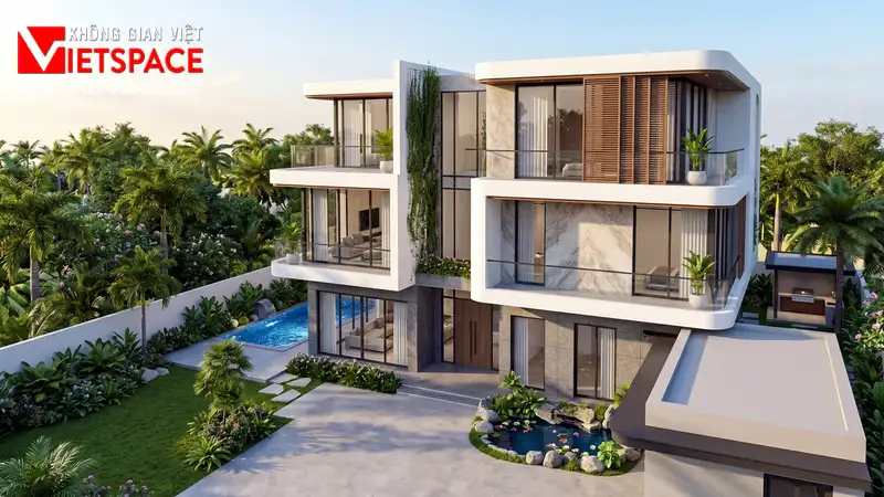 Tích Hợp Tiện Ích Với Mẫu Biệt Thự Mini Có Hồ Bơi Gia Đình 01 Phối cảnh 3D ngoại thất ban ngày Biệt Thự