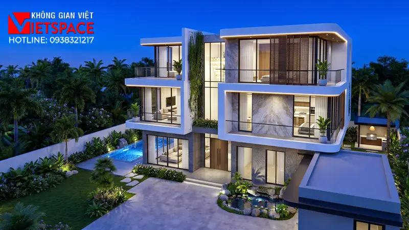 Tích Hợp Tiện Ích Với Mẫu Biệt Thự Mini Có Hồ Bơi Gia Đình 03 Phối cảnh ban đêm Biệt Thự