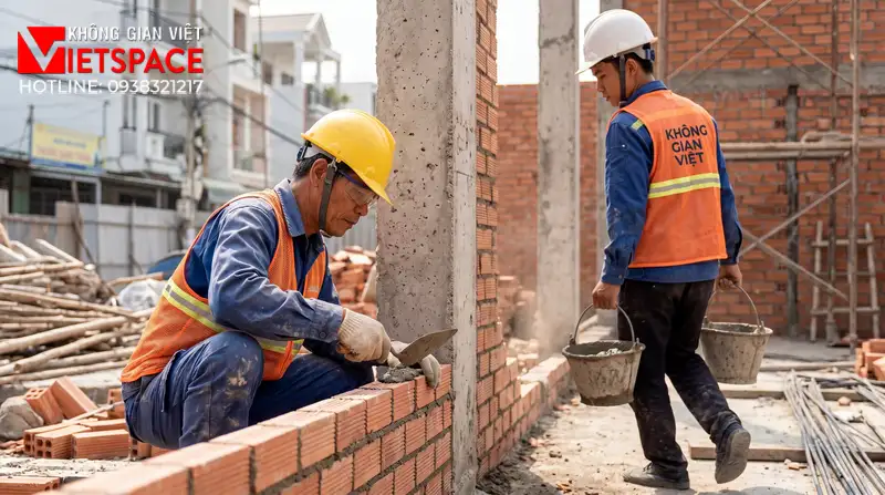 Tích Hợp Tiện Ích Với Mẫu Biệt Thự Mini Có Hồ Bơi Gia Đình 09 Thi công đổ bê tông móng và xây tường bao cho biệt thự