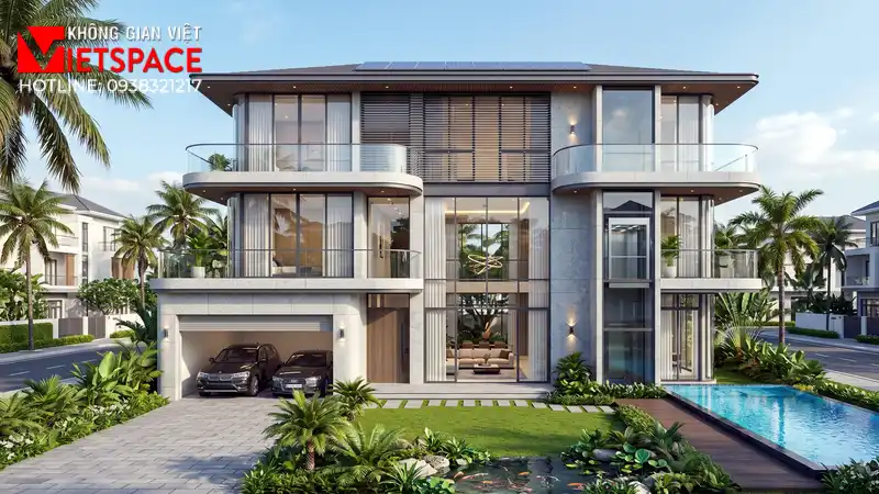 Không Gian Mở Trọn Vẹn Cùng Thiết Kế Biệt Thự Kính Hiện Đại 01 Phối cảnh 3D ngoại thất ban ngày Biệt Thự