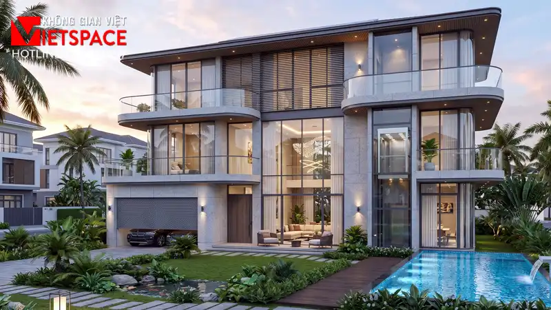 Không Gian Mở Trọn Vẹn Cùng Thiết Kế Biệt Thự Kính Hiện Đại 03 Phối cảnh ban đêm Biệt Thự