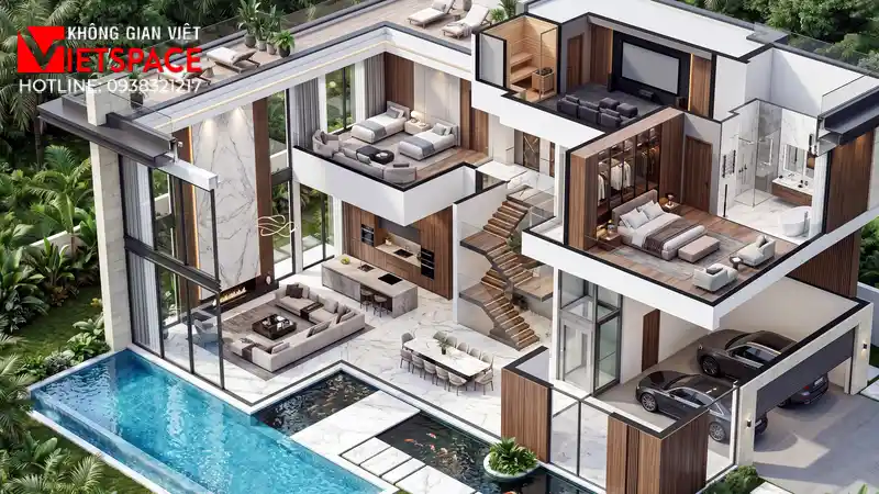 Không Gian Mở Trọn Vẹn Cùng Thiết Kế Biệt Thự Kính Hiện Đại 05 Bản vẽ 3D Isometric Biệt Thự