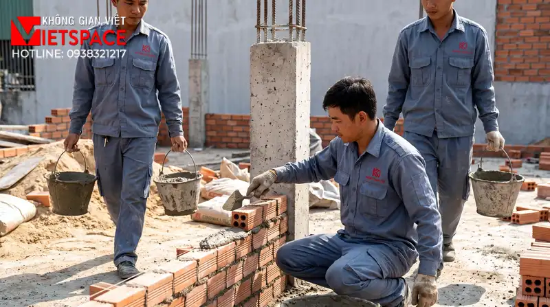Không Gian Mở Trọn Vẹn Cùng Thiết Kế Biệt Thự Kính Hiện Đại 09 Thi công đổ bê tông móng và xây tường bao cho biệt thự
