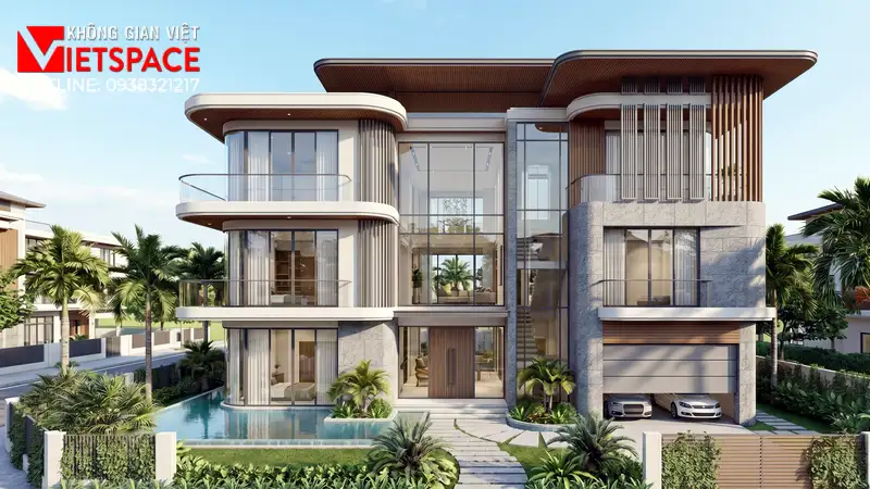 Thực Tế Thi Công Nội Thất Biệt Thự Từ Xưởng Mộc CNC Không Gian Việt 01 Phối cảnh 3D ngoại thất ban ngày Biệt Thự