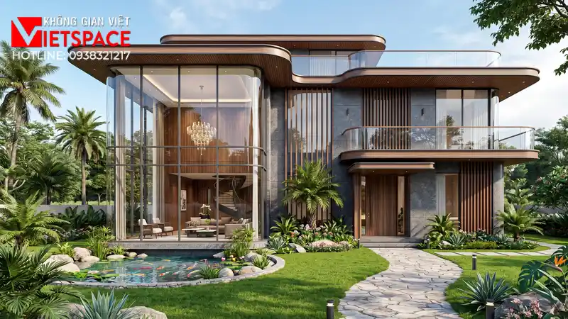 Dự Án Hoàn Thiện Nội Thất Biệt Thự Gỗ Óc Chó Nhập Khẩu 100% 01 Phối cảnh 3D ngoại thất ban ngày Biệt Thự