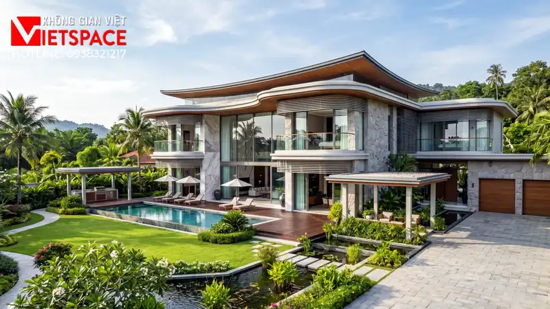 Hoàn Thiện Bản Vẽ Thiết Kế Villa Nghỉ Dưỡng Cho Thuê Lợi Nhuận Cao 01 Phối cảnh 3D ngoại thất ban ngày Biệt Thự