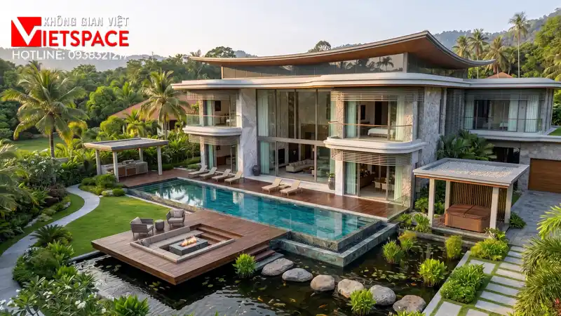 Hoàn Thiện Bản Vẽ Thiết Kế Villa Nghỉ Dưỡng Cho Thuê Lợi Nhuận Cao 01 Phối cảnh 3D ngoại thất ban ngày Biệt Thự