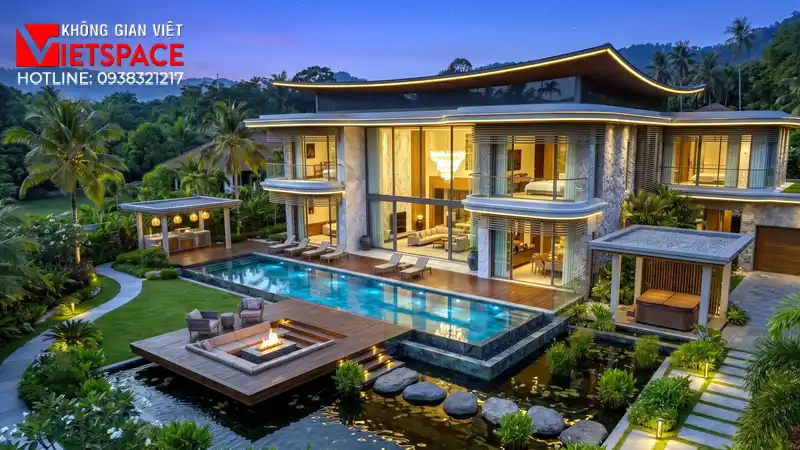 Hoàn Thiện Bản Vẽ Thiết Kế Villa Nghỉ Dưỡng Cho Thuê Lợi Nhuận Cao 03 Phối cảnh ban đêm Biệt Thự