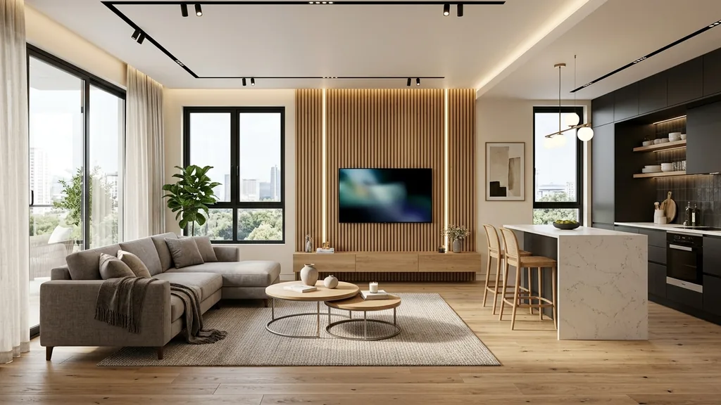 Bố cục mặt bằng và chi tiết danh mục nội thất cơ bản và nâng cao cho căn hộ chung cư 70m2 trong phương án báo giá nội thất chung cư 70m2 (Kem ấm (Warm Cream) – Gỗ Sồi sáng (Light Oak) – Đá nung kết vân mây)