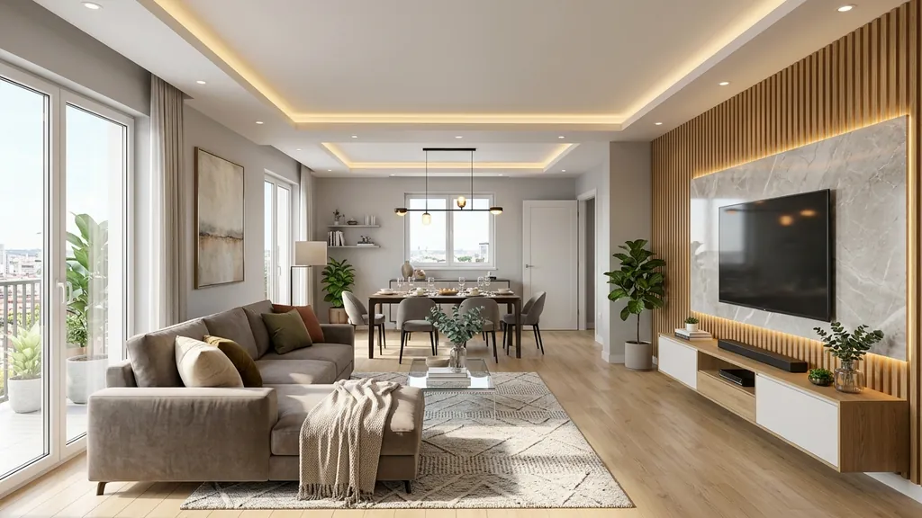 Không gian báo giá nội thất chung cư 70m2 trên mặt bằng 70m² theo xu hướng Hiện đại Đương đại 2026 (Modern Contemporary) ưu tiên hệ tủ phẳng không tay nắm
