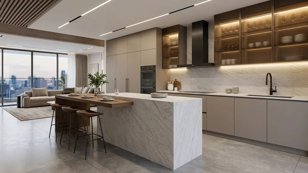 Minh họa giải pháp các yếu tố quyết định tổng mức đầu tư thi công nội thất chung cư với bảng màu Trung tính sáng (Trắng kem – Xám nhạt – Vân gỗ sồi ấm áp)