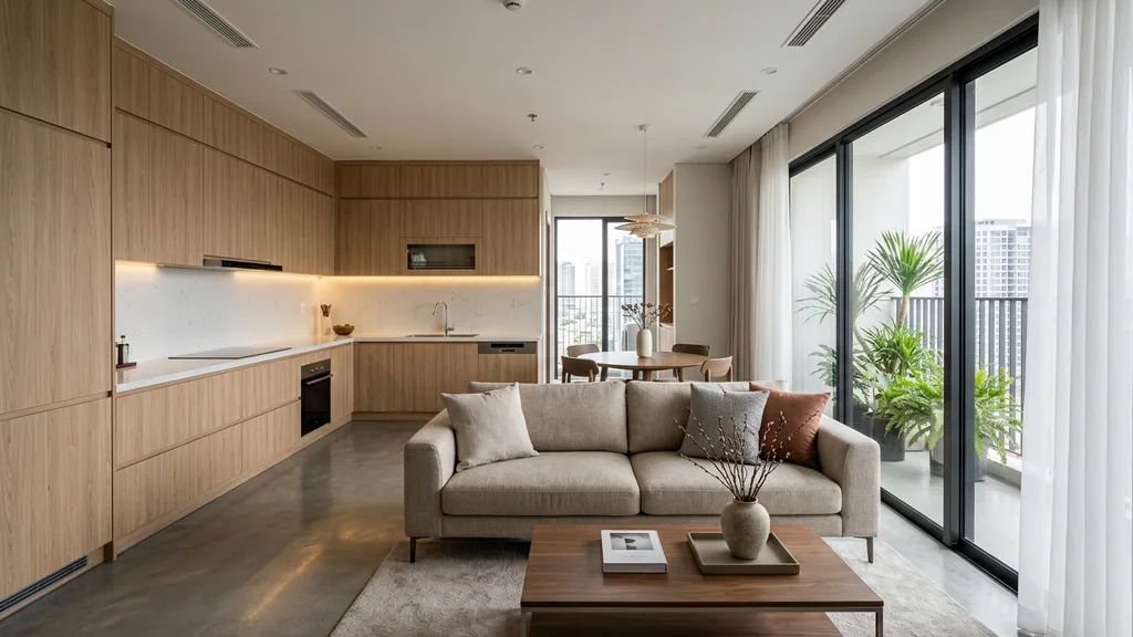 Phối cảnh tổng thể báo giá thi công nội thất chung cư theo định hướng Hiện đại (Modern Contemporary) tối ưu công thái học và lưu trữ kịch trần trên mặt bằng 60m² – 104m²