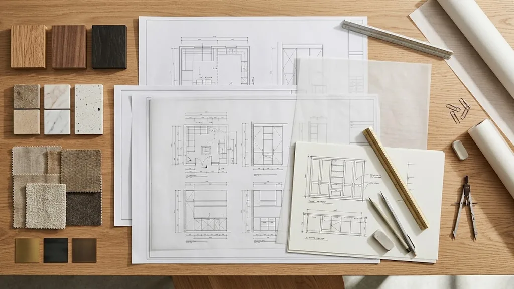 Bản vẽ nội thất và mẫu vật liệu trên bàn thiết kế