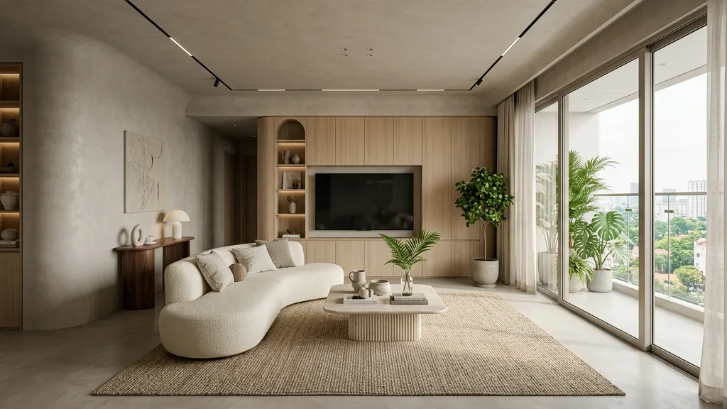 Không gian trang trí phòng khách chung cư trên mặt bằng 65m² – 98m² theo xu hướng Quiet Luxury 2026 phối hợp đá nung kết khổ lớn, kính màu trà và đèn ray nam châm