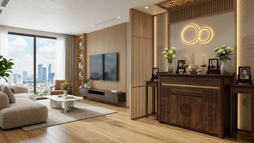 Bố cục mặt bằng và chi tiết khắc phục cảm giác bí bách của gác xép bằng vật liệu kính và màu sáng trong phương án chung cư mini có gác xép (Beige hữu cơ – Sơn hiệu ứng Microcement – Vải dệt Linen/Bouclé)