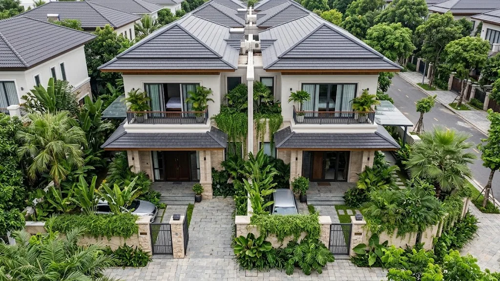 Minh họa cặp biệt thự có lối vào riêng và mặt đứng đồng điệu