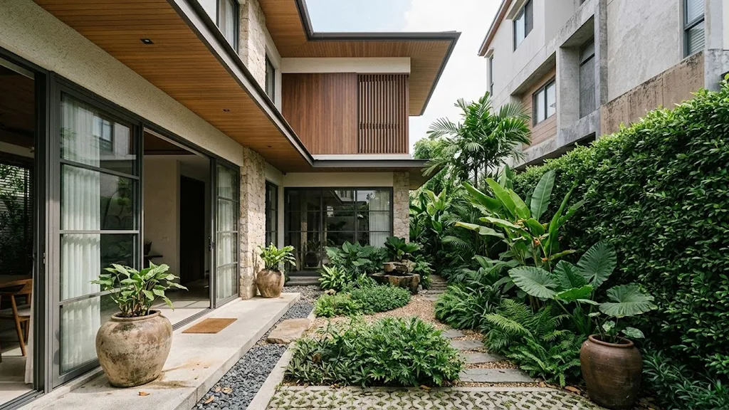 Sân trong biệt thự cạnh công trình lân cận