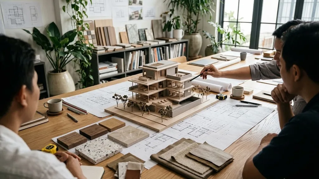 Minh họa buổi tư vấn thiết kế quanh mô hình biệt thự