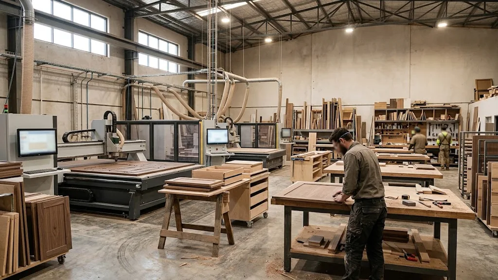 Minh họa xưởng gia công nội thất có máy CNC