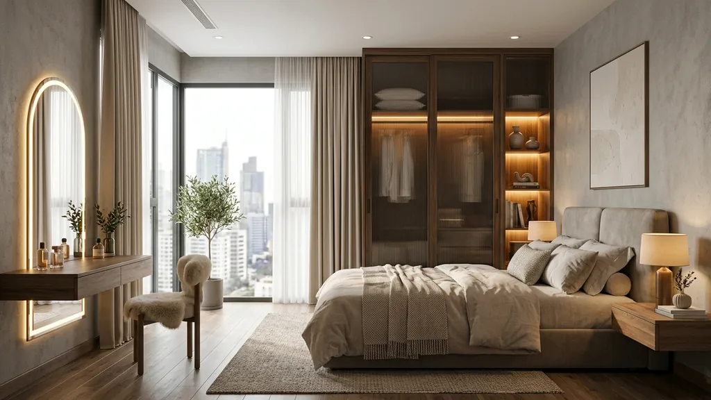 Bố cục mặt bằng và chi tiết phong cách hiện đại (modern) và tối giản (minimalism) cho căn hộ diện tích vừa và nhỏ trong phương án các phong cách thiết kế nội thất chung cư (Trắng ngà (Ivory) – Xám khói nhạt – Vân gỗ Óc chó (Walnut) trầm ấm)