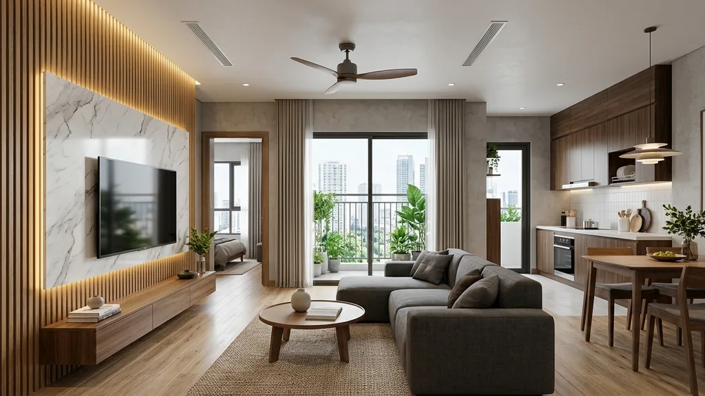Không gian các phong cách thiết kế nội thất chung cư trên mặt bằng 64m² – 74m² theo xu hướng Japandi & Wabi Sabi 2026 đề cao vật liệu thô mộc tự nhiên và ánh sáng dịu