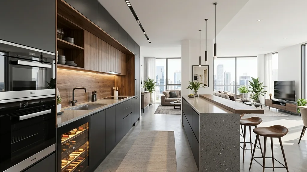 Không gian cách bố trí bếp trong căn hộ chung cư trên mặt bằng 70m² – 99m² theo xu hướng Quiet Luxury 2026 phối hợp đá nung kết khổ lớn, kính màu trà và đèn ray nam châm