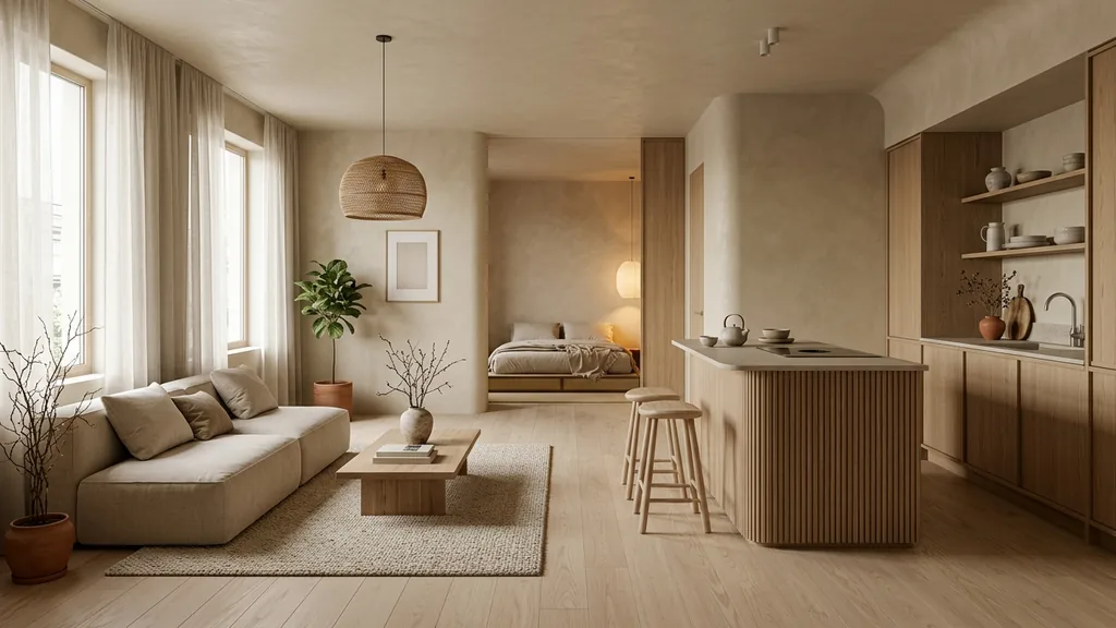 Không gian bố trí căn hộ 30m2 trên mặt bằng 30m² theo xu hướng Tropical Modern 2026 tối ưu thông gió tự nhiên từ Logia và mảng xanh ban công